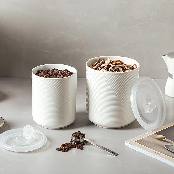 Food Storage Containers with Airtight Lids: Ceramic Canister Sets for Kitchen Countertop - Porcelain Jar for Coffee Tea Flour Sugar Rice Cookies Candy - White (42+75 oz)-Ruum Studio Home