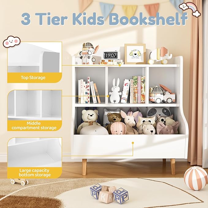 Toy Storage Organizer, 3 Tier Floor Standing Toddler Bookshelf with Legs, 5 Cube Kids Bookshelf and Toy Storage, Book Shelf for Kids Room, Living Room, Nursery, White-Ruum Studio Home