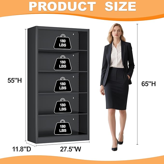 Black Bookshelf, 55” Adjustable Tall Metal Bookshelf, 5-Tier Toy Storage Organizer with Anti-Tilt Device, Modern Book Cases and Book Shelves for Bedroom, Playroom, Classroom, Study-Ruum Studio Home