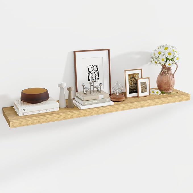 55 Inch Floating Shelves, 12 Inch Deep Floating Shelves for Wall, Floating Shelf with Invisible Brackets, Deep Shelves for Bathroom, Bedroom, Living Room, 1 Pack, Natural-Ruum Studio Home