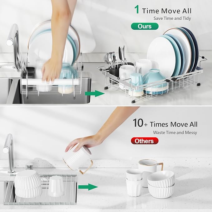 GSlife Expandable in Sink Dish Drying Rack - Stainless Steel Capacity Adjustable Over The Sink Dish Rack (13.4''-20.4''), Dish Drainer for Kitchen Sink Counter with Utensil Holder, Silver-Ruum Studio Home