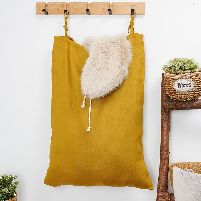 Linen Hanging Laundry Bag, Over The Door Laundry Hamper for Dirty Clothes, Drawstring Closure with Bottom Zipper, Turmeric-Ruum Studio Home
