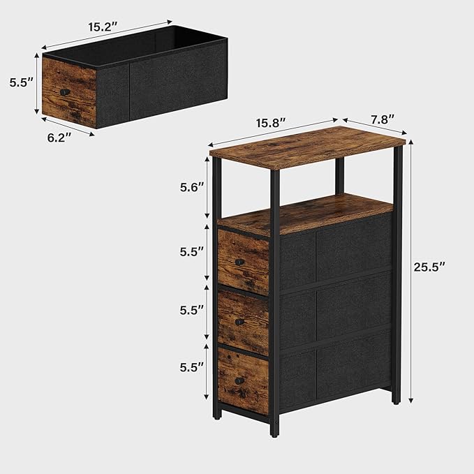 TUTOTAK Narrow Night Stand, Slim End Table, Tall Side Table with 3 Fabric Drawer, Small Bedside Table with Storage, Set of 2, for Living Room, Bedroom, Brown TB01BB072-Ruum Studio Home