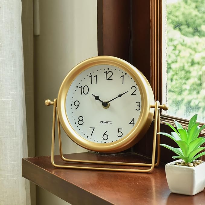 Vintage Golden Table Clock - Elegant Battery Operated Office, Living Room, and Bedroom Clock with Minimalist Design Gold Table Decor 22x19.5x5.5cm-Ruum Studio Home