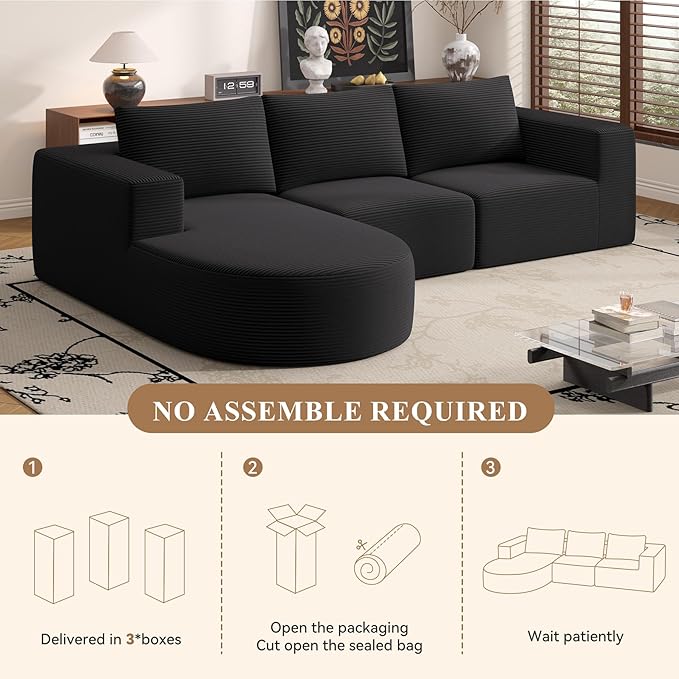 Modular Sectional Sofa with L-Shape Chaise,Cloud Sectional Modern Sleeper Couch with Deep Seat,Sponge Compression Sofas No Assembly Required (Black-Corduroy Fabric) 1pcs-Ruum Studio Home