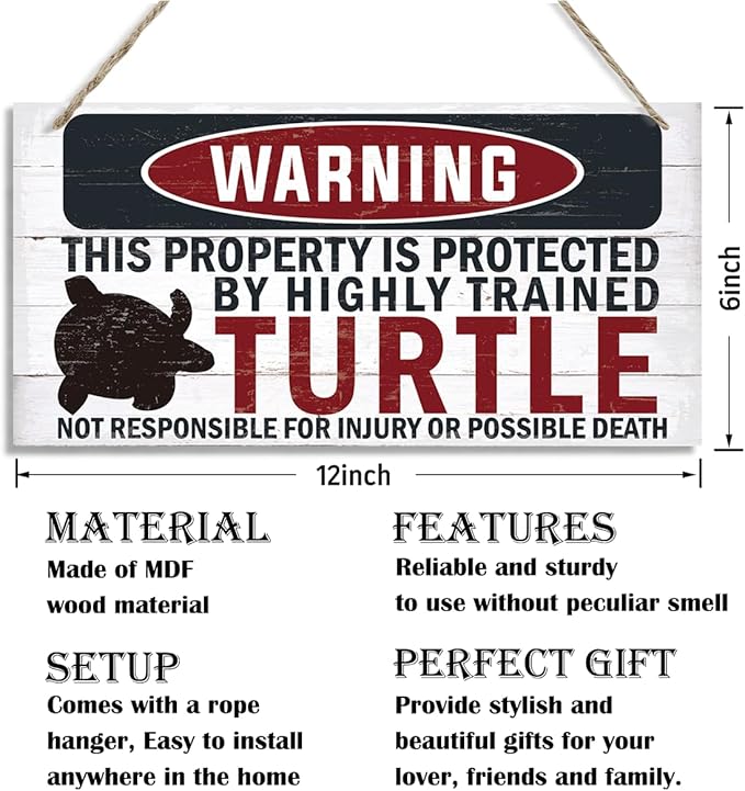 Funny Warning Signs, The Property is Protected By Highly Trained Turtle Sign, Decorative Wood Hanging Wood Plaque, House Door Sign, Farmhouse Wall Decor for Home Office, Indoor/Outdoor Use-Ruum Studio Home