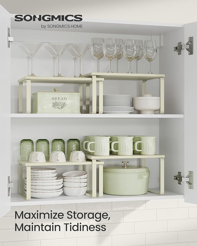 SONGMICS Cabinet Organizer Shelf, Set of 2 Kitchen Counter Shelves, Kitchen Storage, Spice Rack, Stackable, Expandable, Metal and Engineered Wood, Cream White UKCS002W02-Ruum Studio Home