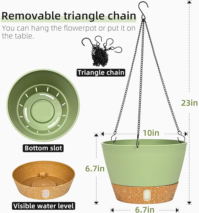 QCQHDU 2 Pack Hanging Planters for Indoor Outdoor Plants, 10 Inch Hanging Baskets Flower Pots with Reservoir Tray & Visible Water-Level-Ruum Studio Home