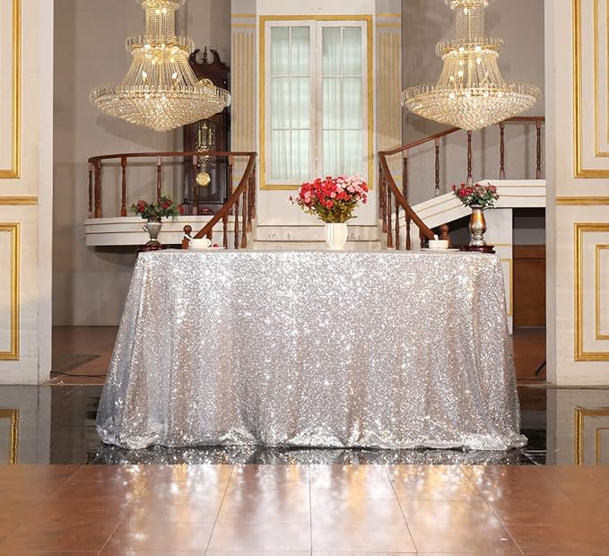 SquarePie Sequin Tablecloth 60 x 102 Inch Silver Bling Sparkly Table Cloth for Wedding Party-Ruum Studio Home