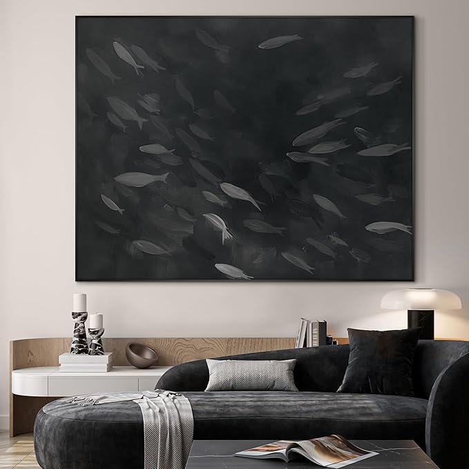 SIGNWIN 36"x46" Extra Large Framed Wall Art Monochrome Fish Silhouettes Illustration for Home Living Room Bedroom Decor (Frame Assembly Required)-Ruum Studio Home