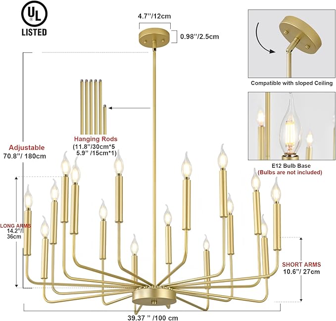 Modern Gold Farmhouse Chandeliers, 16-Light Industrial Metal Chandelier Lighting, Classic Candle Hanging Pendant Light Fixtures for Kitchen Island, Living Room, Dining Room, Stair-Ruum Studio Home