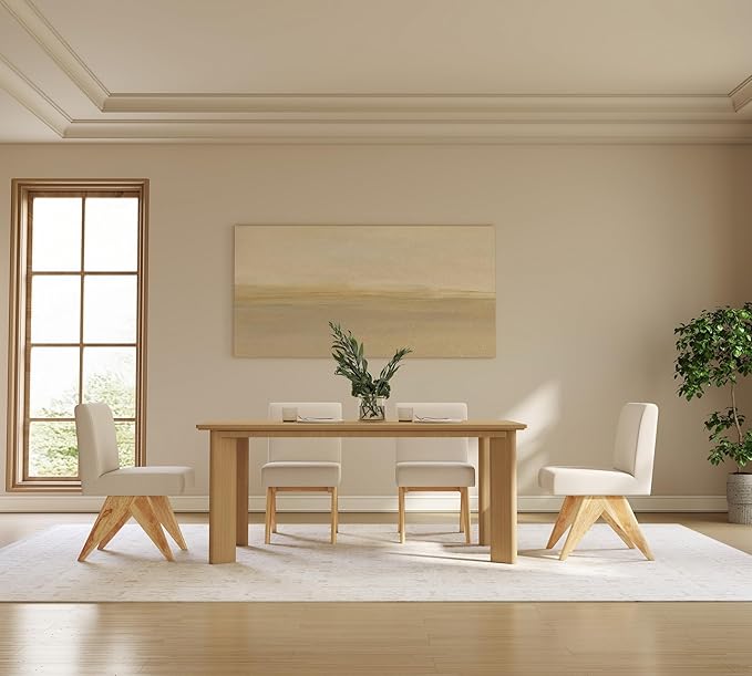 Mid Century Modern Farmhouse Dining Chairs Set of 4, Upholstered Armless Kitchen Chairs with Back and Wooden Legs, Linen Beige-Ruum Studio Home