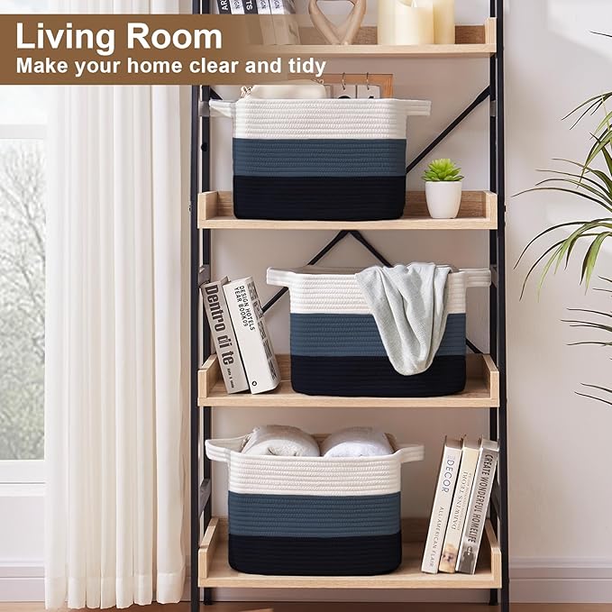 Storage Basket for Organizing, Woven Baskets for Storage, Rectangle Decorative Baskets for Shleves, Closet, Toys, Books, Nursery Organizer Bins - Pack of 3 (Gradient Blue)-Ruum Studio Home