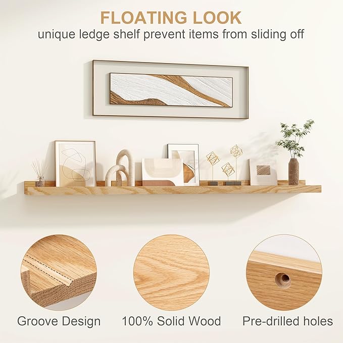 Floating Picture Ledge Shelves 55 Inch Solid Oak Wood Set of 2, Rustic Wall Storage Shelves with Lip, Kids Bookshelf, Photo & Picture Ledge Shelves for Bedroom, Living Room, Kitchen-Ruum Studio Home