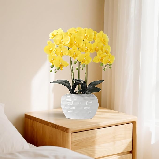Orchid Artificial Flowers with White Vase Large Silk Faux Phalaenopsis Flowers for Dining Room Table Floral Centerpieces Indoor Decoration,Yellow-Ruum Studio Home