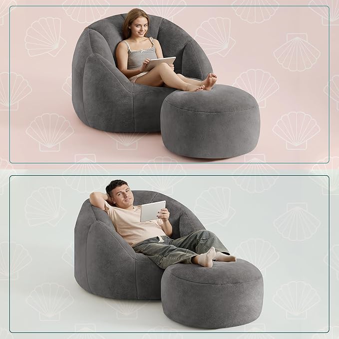 Giant Bean Bag Swivel Chair for Adults - Comfy Plush Round Shell Soft Accent Chaise Lounge Indoor Reading Chair, Oversized Cozy Floor Sofa for Living Room, Bedroom & Game Rooms, Dorm, Gray-Ruum Studio Home
