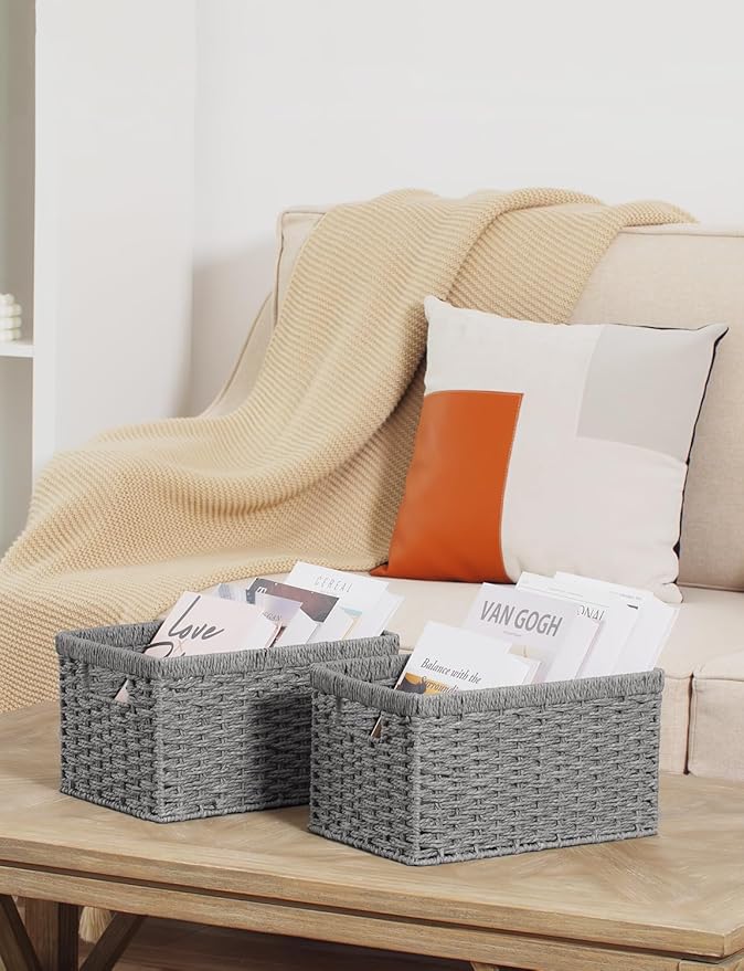 StorageWorks Round Paper Rope Storage Baskets, Rectangular Wicker Baskets with Built-in Handles, Gray, 2-Pack-Ruum Studio Home