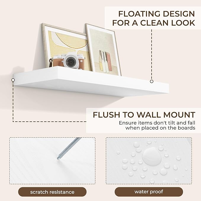 RICHFOCUS 36Inch Floating Shelves for Wall 2 Pack Shelves for Bedroom|Kitchen|Bathroom Wall Mounted Rustic Wood Floating Shelf with Invisible Brackets for Books|Storage|Decor, White-Ruum Studio Home
