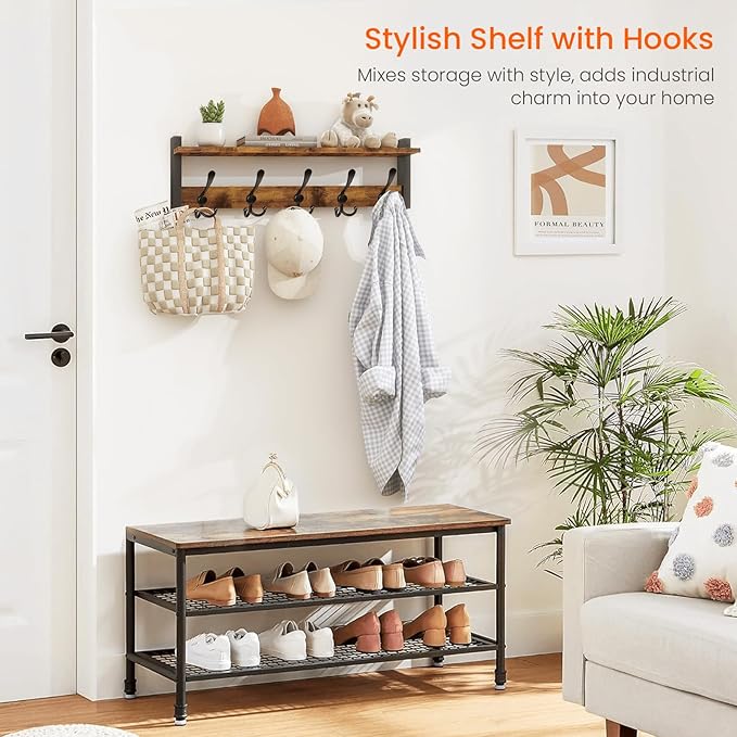 Homode Rustic Brown Wall Mount Coat Rack with Shelf and 5 Tri Hooks, Wood Coat Hangers for Hanging Hat, Towel, Purse, Jacket-Ruum Studio Home