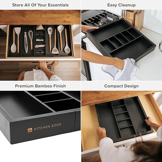 Adjustable Kitchen Drawer Organizer for Utensils and Junk, Food-Safe Contract Grade with 100% Sustainable Wood, Expandable from 19 to 33 Inches Wide - Black Bamboo-Ruum Studio Home