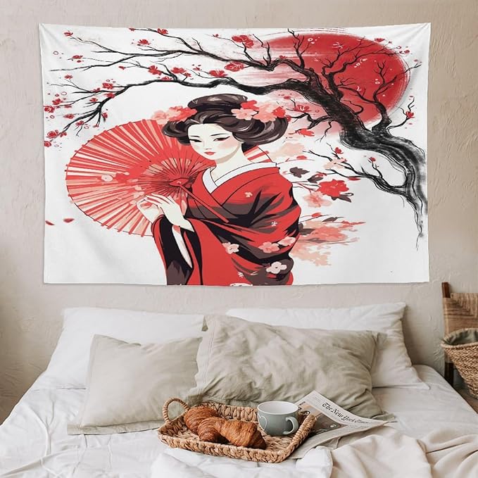 Japanese Red Geisha Tapestry Asian Cherry Blossom Traditional Kimono Folk Tapestries Home Decor for Living Room Bedroom Apartment Farmhouse Dorm 90"x60"-Ruum Studio Home