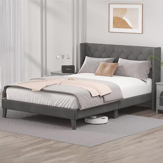 Full Size Bed Frame with LED Lights, Upholstered Bed Frame with Wingback Diamond Tufted Headboard, Wood Slats Support, Noise-Free, Easy Assembly, No Box Spring Needed, Grey-Ruum Studio Home
