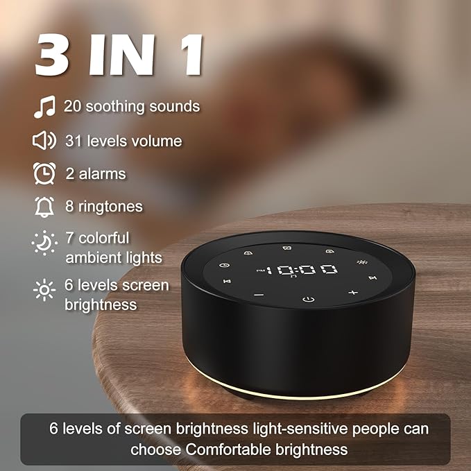 White Noise Sound Machine Alarm Clock 7 Colors Night Light Sound Machine for Adult/Baby 20 Soothing Sounds 31 Level Volume 6 Level Screen Brightness 5 Timer Set Memory Function Touch Control-Ruum Studio Home