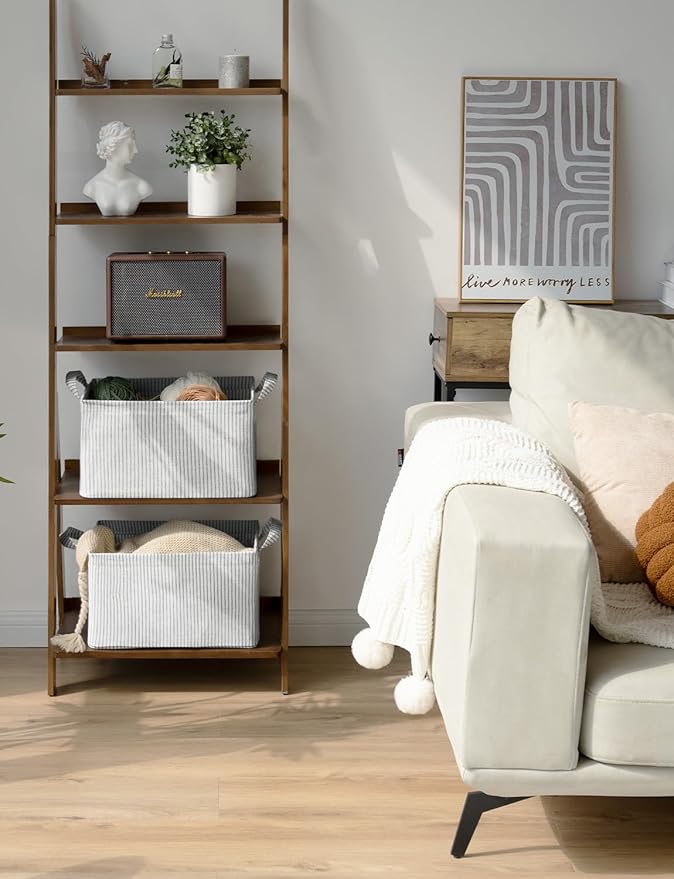 StorageWorks Storage Bins, Fabric Storage Bins for Shelves, Storage Baskets with Metal Frame, Closet Baskets and Bins with Handles, Gray and White Stripes, 2-Pack-Ruum Studio Home