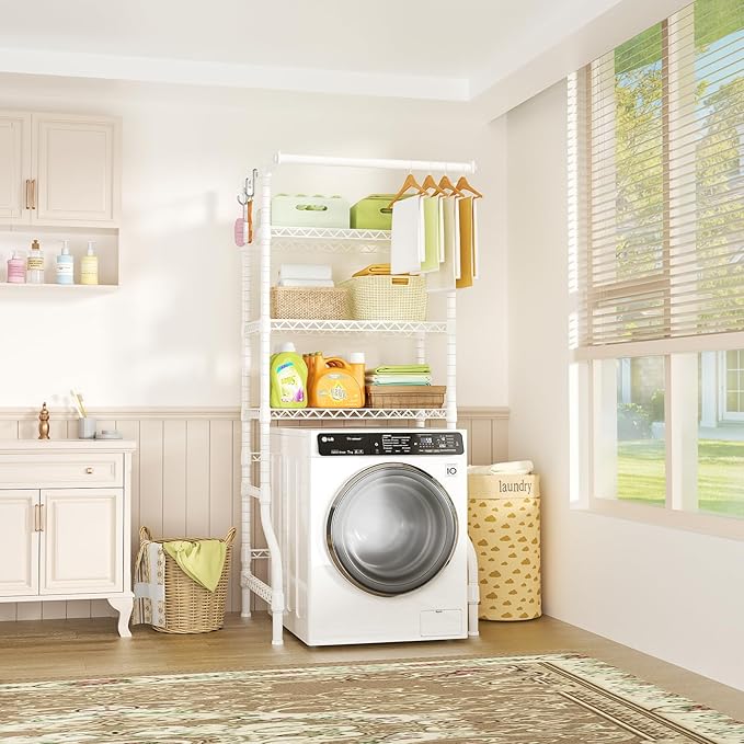 Ulif U11 Medium Over Washer and Dryer Shelves, 3 Tiers Laundry Room Storage and Organizer Standing Shelf, Metal Freestanding Clothes Drying Rack, 31.1”W x 19.7”D x 77.6”H, White-Ruum Studio Home