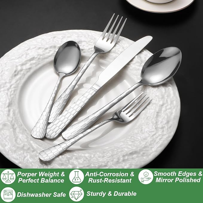 40 Pcs Silverware Set for 8 with Water Cube Handle design, Food Grade Stainless Steel Flatware Set, Eating Utensils Sets Include Fork/Knife/Spoon, Reusable Cutlery Set, Dishwasher Safe-Ruum Studio Home