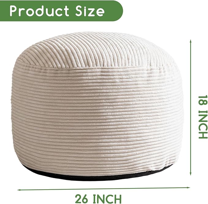HIGOGOGO Round Stuffed Pouf Ottoman, Corduroy Poufs with Foam Chunk Filling, Furry and Fluffy Pouf Foot Stool Storage Ottoman, 26 X 18 Floor Poufs Foot Rest for Living Room, Beige-Ruum Studio Home