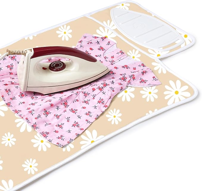 Encasa Homes Ironing Mat/Pad (Small 28"x20") with 3mm Padding & Silicone Iron Rest for Steam Pressing on Tabletop or Bed - Heat Resistant, Portable, Quilting & Travel Blanket - Daisy Beige-Ruum Studio Home