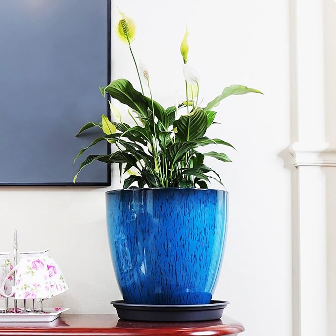 FixtureDisplays® Garden Plastic Round 11.8" Diameter 12" Tall Planter Resin Glazed Faux Ceramic Flower Pots Drainage Hole with Saucer Decorative Pot 15580-NF-Ruum Studio Home