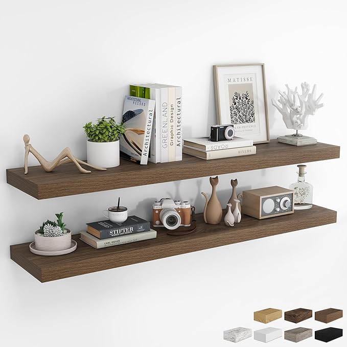 RICHFOCUS 55Inch Floating Shelves for Wall 2 Pack Shelves for Bedroom|Kitchen|Bathroom Wall Mounted Rustic Wood Floating Shelf with Invisible Brackets for Books|Storage|Decor, Walnut-Ruum Studio Home