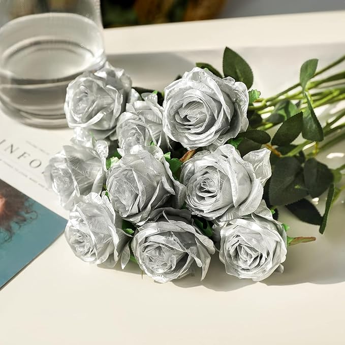 Silver Fake Roses Artificial Flowers - 10 Pcs Fake Artificial Roses Silk Flowers with Stems for Home Wedding Hotel Office Centerpiece Decor-Ruum Studio Home