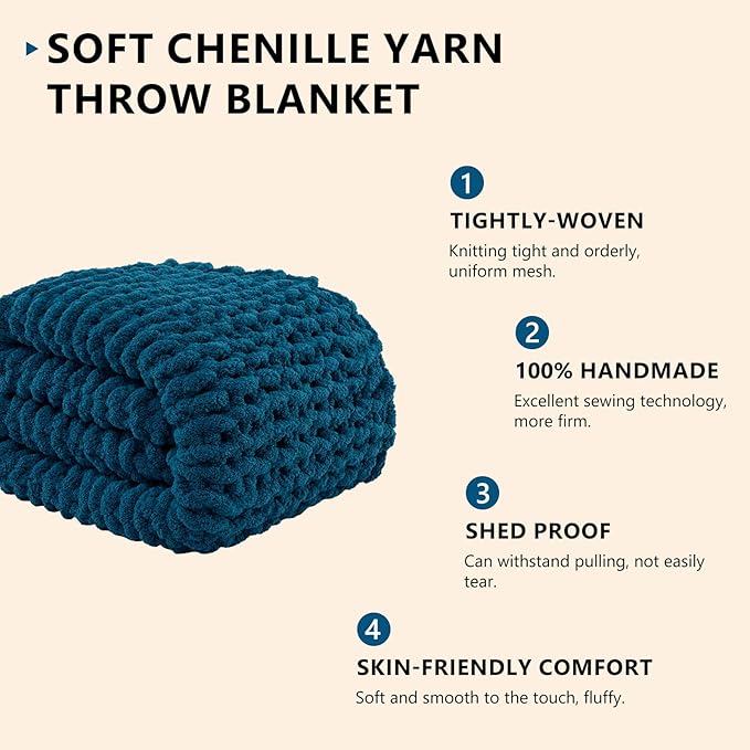 L'AGRATY Chunky Knit Blanket Throw: 72''x84'' Chenille Chunky Knitted Throw Blankets for Bed Couch - Handmade Thick Big Cable Knit Blanket - Large Crochet Rope Blankets for Home Decor(Blue)-Ruum Studio Home