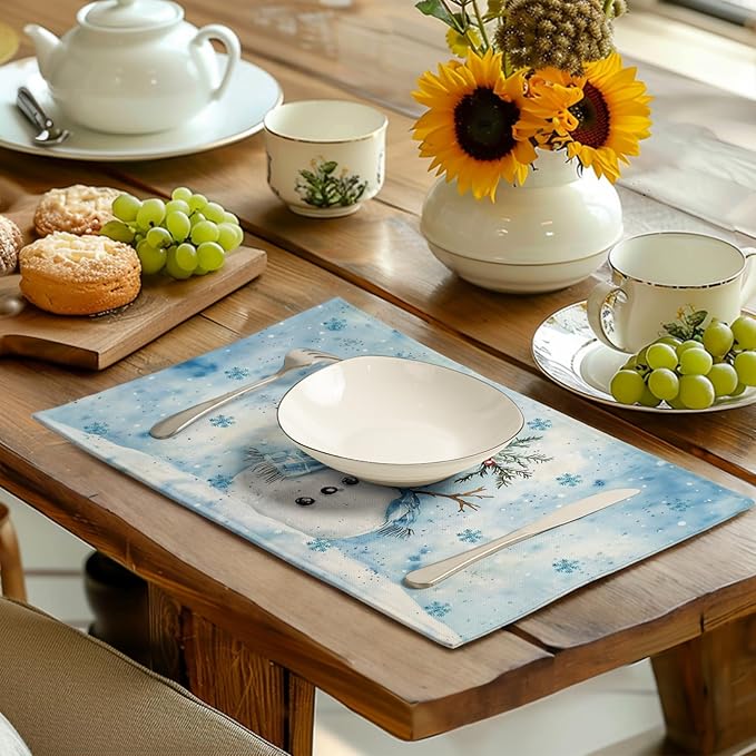 Blue Snowman Snowflake Winter Placemats Set of 4 Seasonal Christmas Linen Table Mats 12x18 Inch Xmas Holiday Snow Farmhouse Rustic Washable Place Mats for Party Kitchen Dining Outdoor Indoor Decor-Ruum Studio Home