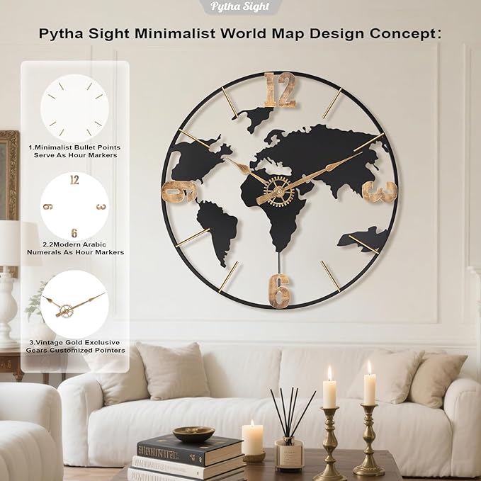 22 Inch Large Wall Clock,Modern Decorative Big World Map with Vintage Gold Arabic Numeral Extra Giant Metal Oversized Wall Clocks for Living Room,Office,Kitchen,Dining Room,Bedroom-Ruum Studio Home