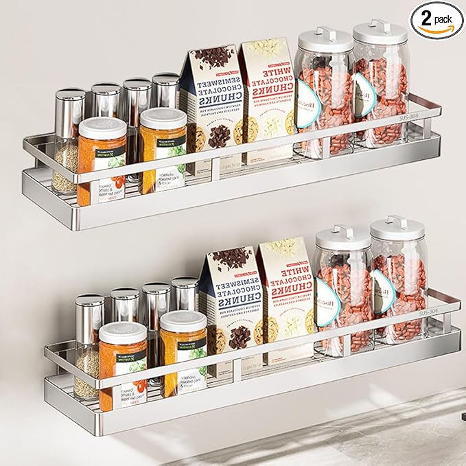 2PCS Kitchen Spice Rack, SUS304 Stainless steel Wall Mount Storage Rack, Seasoning Container, 19.7Inch Spice Organizer, Kitchen Seasoning Hanging Rack, Bathroom Shelf for Storing Toiletries-Ruum Studio Home