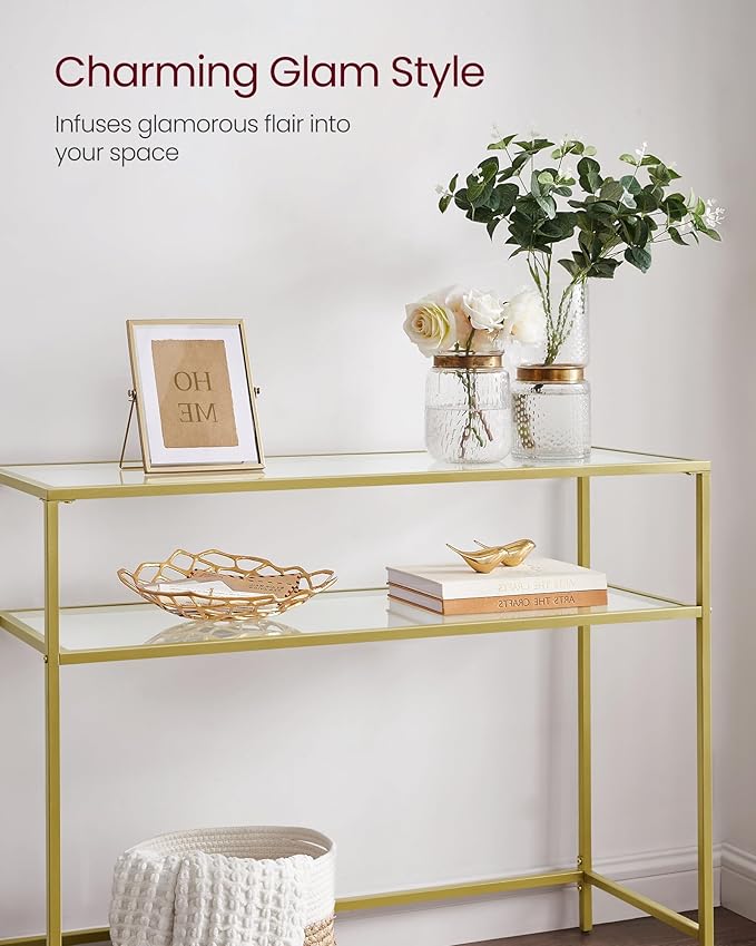 VASAGLE 39.4 Inch Console Sofa Table, Modern Entryway Table, Tempered Glass Table, Metal Frame, 2 Shelves, Adjustable Feet, for Living Room, Hallway, Gold Color ULGT025A01-Ruum Studio Home