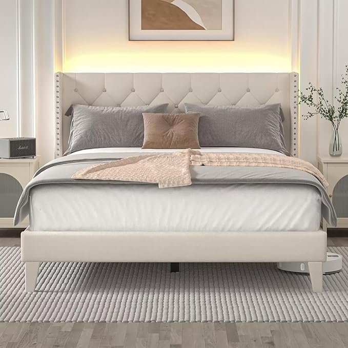 King Size Bed Frame with LED Lights, Upholstered Bed Frame with Wingback Diamond Tufted Headboard, Wood Slats Support, Noise-Free, Easy Assembly, No Box Spring Needed, Beige-Ruum Studio Home