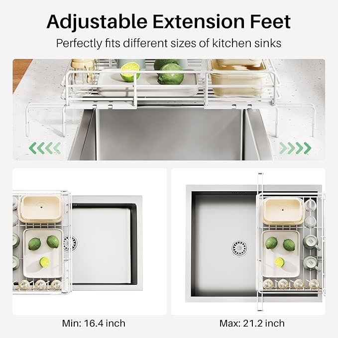 Dish Drying Rack - Extendable Dish Rack, Large Sink Drying Dish Drainer for Kitchen Counter, Stainless Steel Dish Strainer with Utensil Holder (White)-Ruum Studio Home