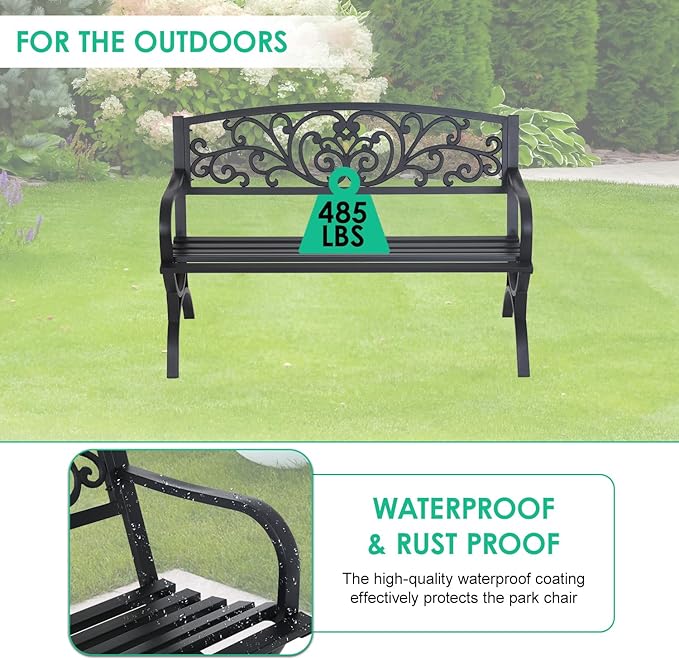 FDW Outdoor 50 Inches Garden Bench, Slatted Seat Armrests Floral Design Backres and Arch Legs, Perfect for Park, Yard, Porch, Lawn, Balcony, Backyard, Black-Ruum Studio Home