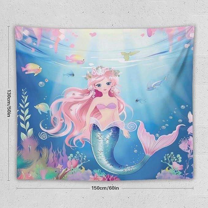 HZOHNAGO Mermaid Girls Tapestry Watercolor Mermaid Princess Pattern Printed Wall Tapestry Wall Hanging for Bedroom Living Room Dorm 60" W x 50" H-Ruum Studio Home