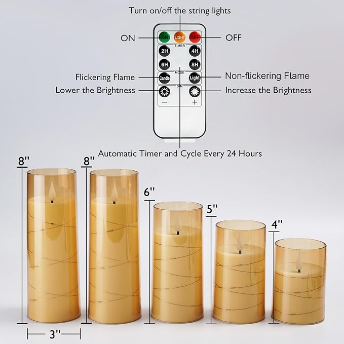 Homemory Acrylic Flameless Candles with Embedded Star String Fairy Lights, Battery Operated Candle, LED Candles, Fake Candles with Remote Control and Timer for Halloween, Amber, Set of 5(H4"5"6"8"8")-Ruum Studio Home