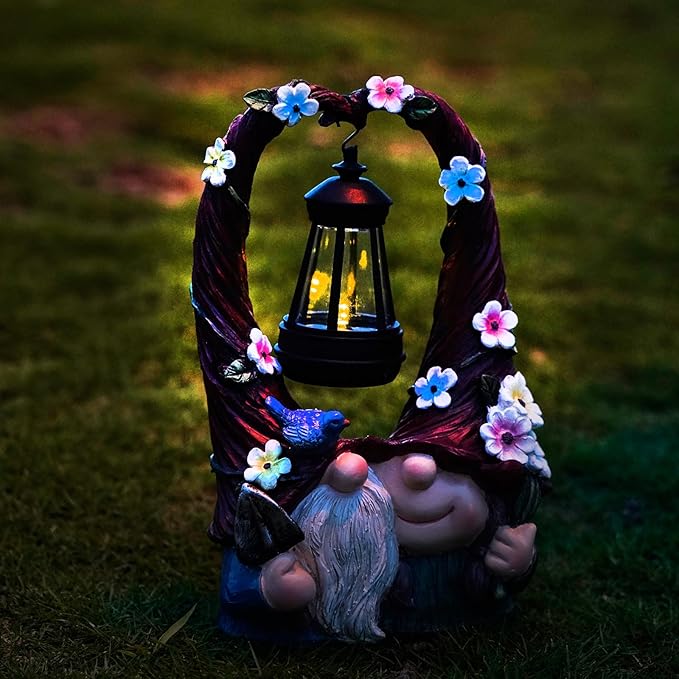 Outdoor Couple Gnome Decorations with Solar Light Lantern Double Cute Gnomes Resin Statues Outdoor Decor Gifts for Valentine's Day Anniversary(Couple Gnome)-Ruum Studio Home