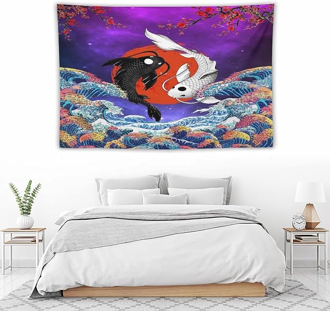 Houselerax Japanese Koi Fish Tapestry, Yin Yang Big Wave Cherry Blossom Tapestries Wall Hanging for Bedroom Living Room Office Decor 60"x40"-Ruum Studio Home