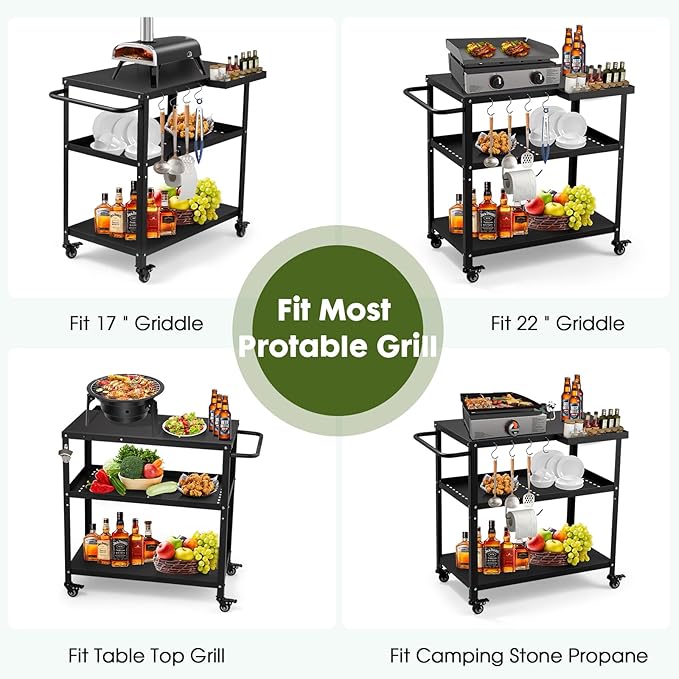Outdoor Grill Cart Table,Indoor and Outdoor Pizza Oven Table,with 4 Movable Total Lock Casters, Hooks, Side Handle Multifunctional (Black)-Ruum Studio Home