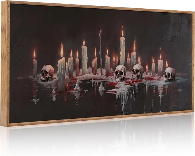 Aurlan Gothic Bloody Skull and Candles Framed Wall Art(40"x20"), Large Horror Dark Academia Halloween Skeleton Canvas Artwork, Modern Goth Spooky Creepy Ghost Decor for Home Office Bedroom-Ruum Studio Home