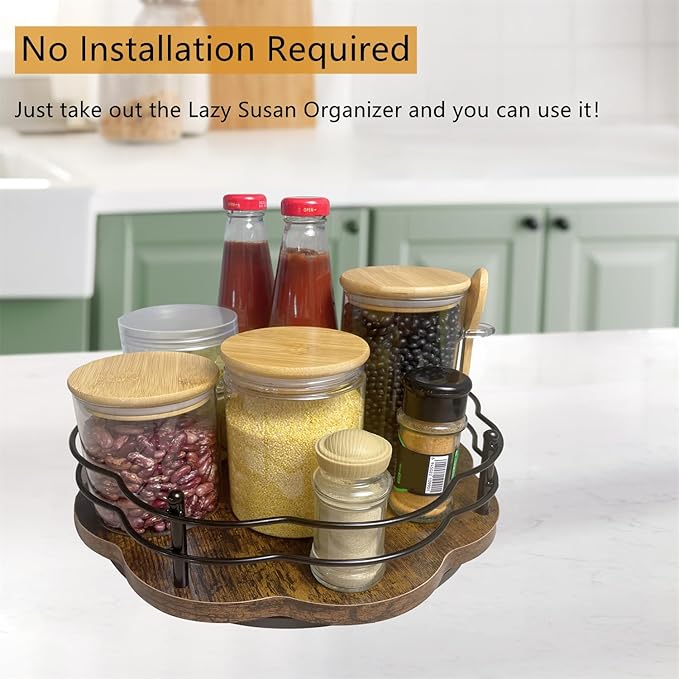 13" Lazy Susan Turntable Organizer with Higher Metal Sides, 360° Rotating Wooden Lazy Susan Organization and Storage for Cabinet,Kitchen,Countertop,Table Top,Dining Table,Coffee Bar Decor-Ruum Studio Home